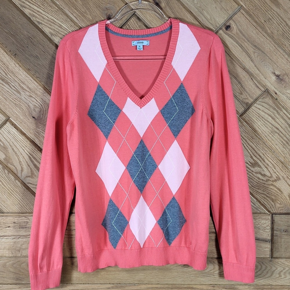 IZOD Argyle Sweater Womens XL V-Neck Long Sleeve Cotton Knit Coral Pink Grey